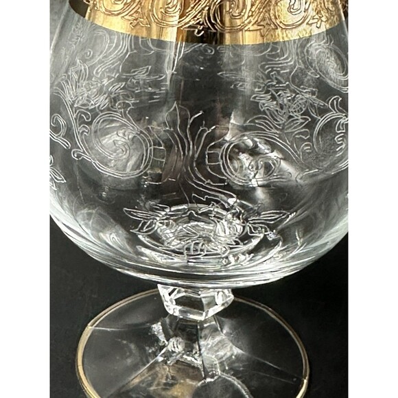Vtg Etched Glasses Brandy Snifter with Twisted Stem Pedestals with Gold Trim 6 - Picture 12 of 12